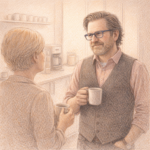 René mit Kollegin beim Kaffee-Plausch (mit KI bearbeitet)